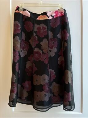 Sigrid Olsen 100%  Silk Black A-Line Skirt with Pink Floral Overlay size 4